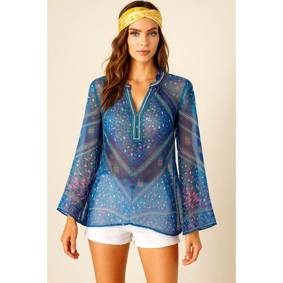 Hale Bob S 100% Silk Flowy Tunic Top $278 Beaded Button Collar Boho Blouse Blue - Picture 8 of 8
